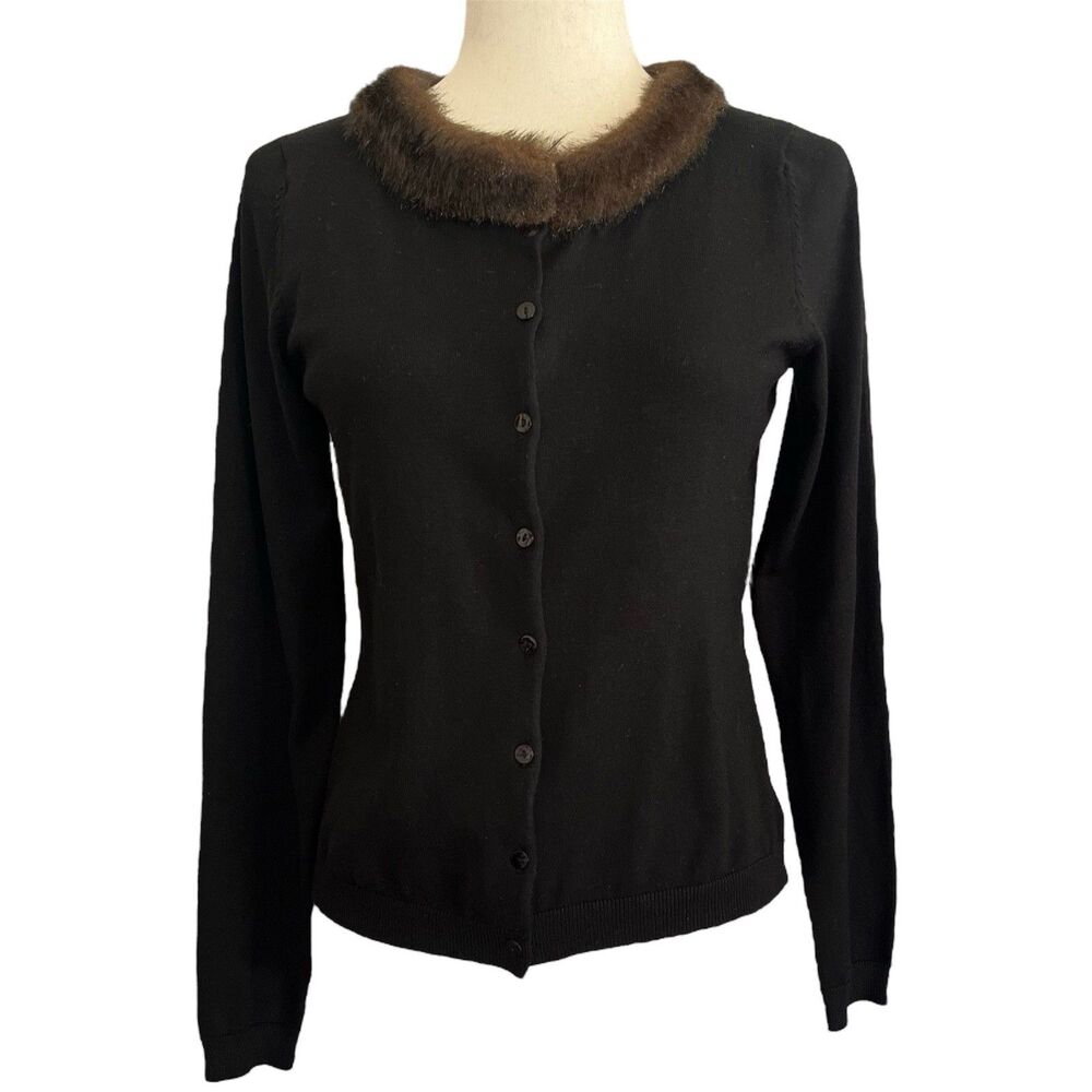 August Silk Black Cardigan Faux Fur Collar Size Small Old Money Academia Elegant